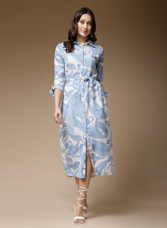 مرفوعة Women Loose Fit Casual Tropical Print Shirt Dress