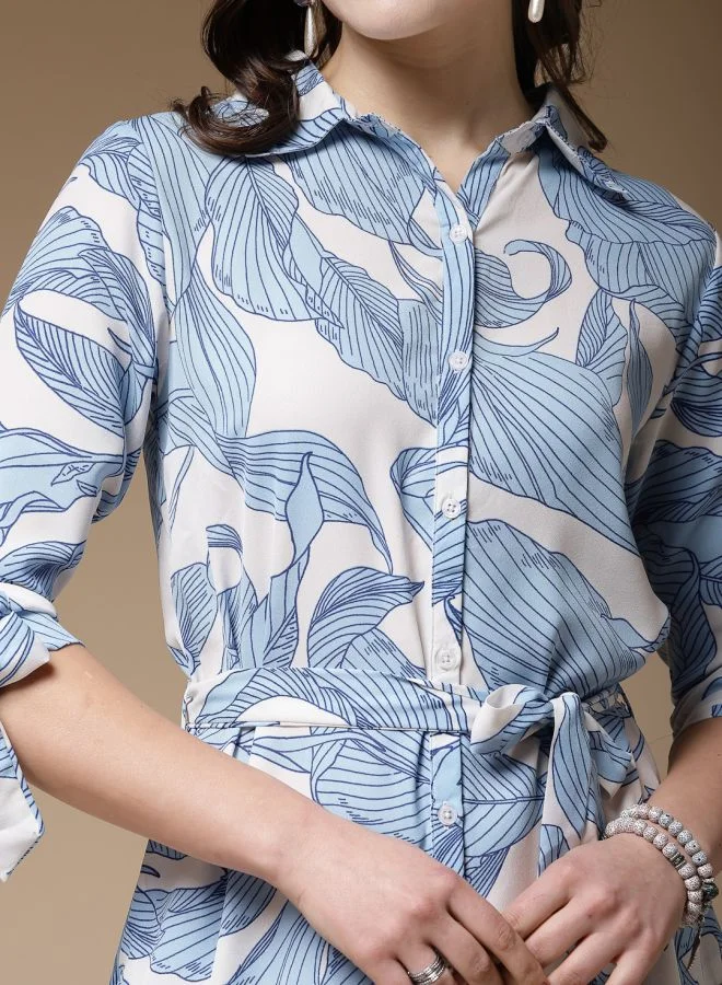 مرفوعة Women Loose Fit Casual Tropical Print Shirt Dress