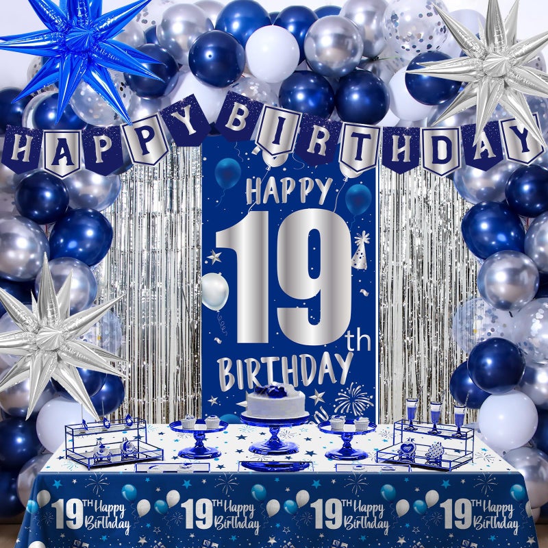 Pounira 19th Birthday Decorations for Boys Men Happy 19th Birthday Decorations Boy Girls 19 Birthday Door Banner 19th Bday Party Balloons for Men Tablecloth Foil Backdrop Star Balloons for 19 Year Old - Image 3
