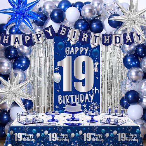 Pounira 19th Birthday Decorations for Boys Men Happy 19th Birthday Decorations Boy Girls 19 Birthday Door Banner 19th Bday Party Balloons for Men Tablecloth Foil Backdrop Star Balloons for 19 Year Old - Image 1