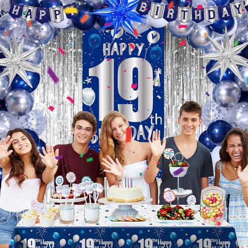 Pounira 19th Birthday Decorations for Boys Men Happy 19th Birthday Decorations Boy Girls 19 Birthday Door Banner 19th Bday Party Balloons for Men Tablecloth Foil Backdrop Star Balloons for 19 Year Old - Image 5