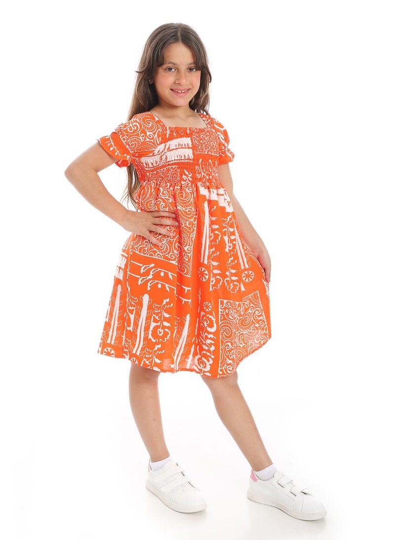 Andora Puff Sleeves Slip On Girls Dress _ Orange & White - Image 3