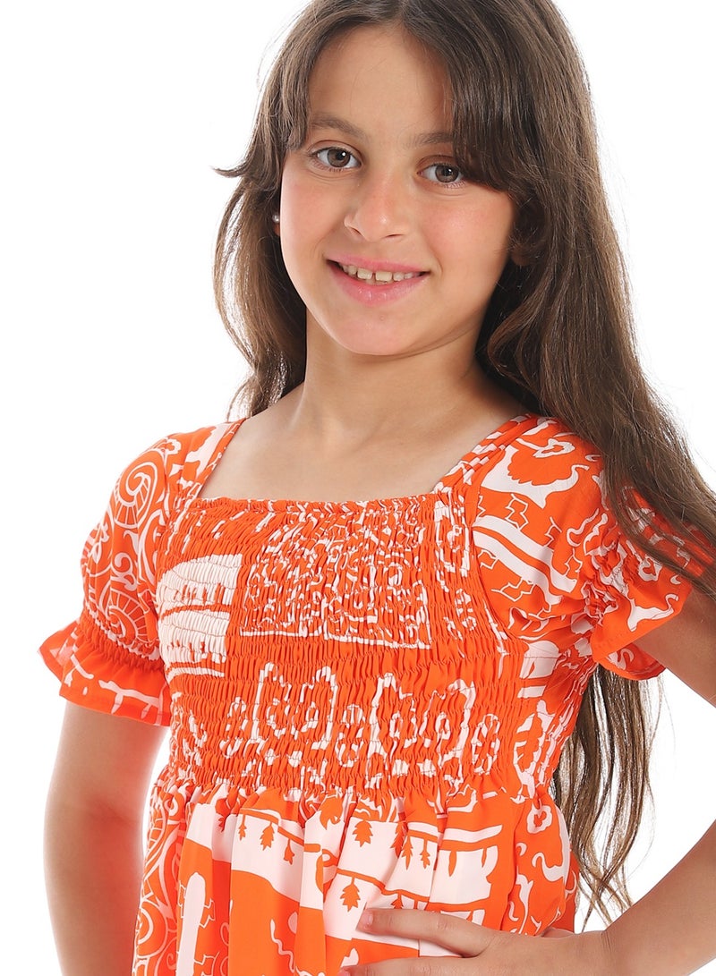 Andora Puff Sleeves Slip On Girls Dress _ Orange & White - Image 5