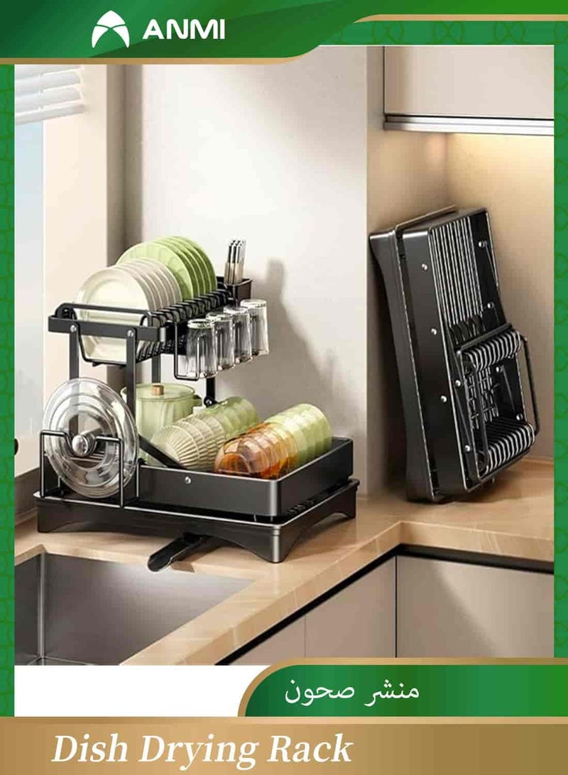 Anmi Large Dish Drying Rack for Kitchen Counter, Foldable Double Dish and Cutlery Storage Rack with Utensil Holder, 2-Tier Dish Drying Rack with Drain Board, Black - Image 1