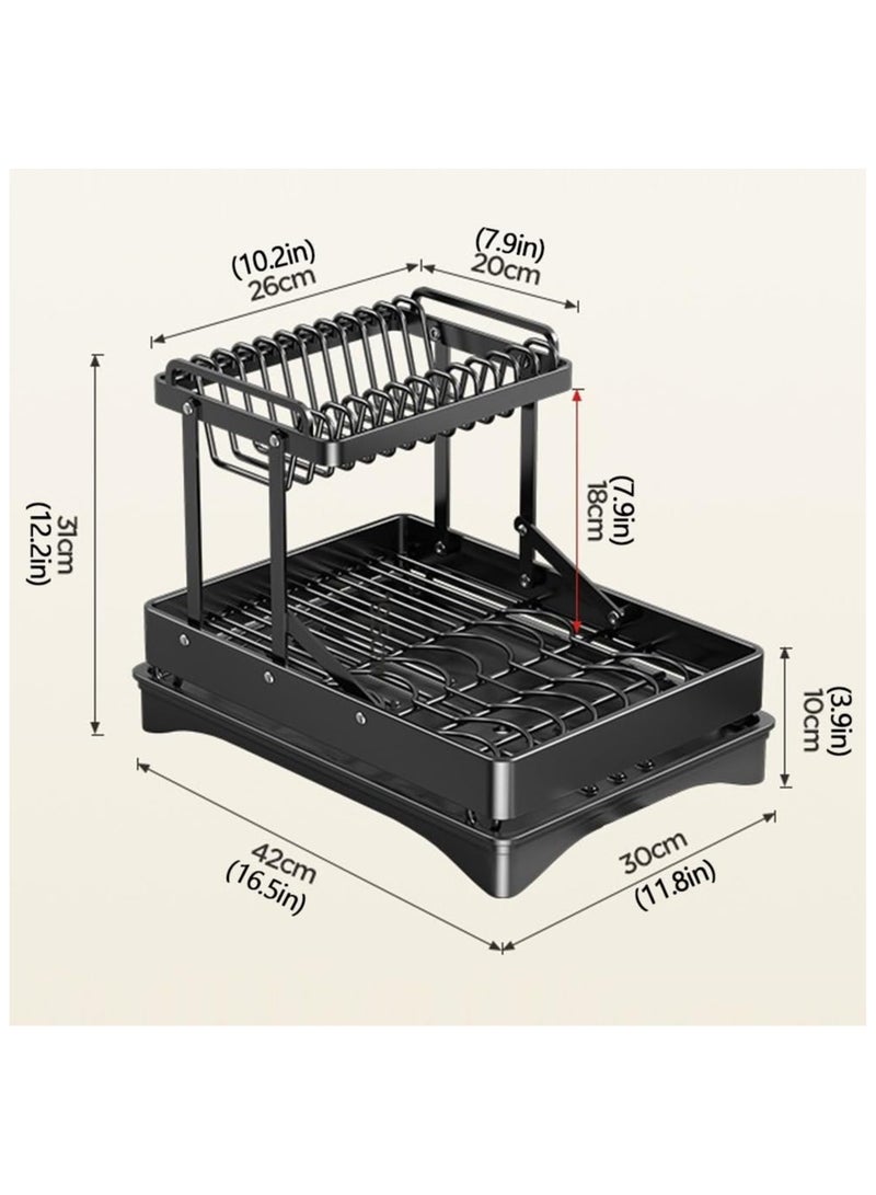 Anmi Large Dish Drying Rack for Kitchen Counter, Foldable Double Dish and Cutlery Storage Rack with Utensil Holder, 2-Tier Dish Drying Rack with Drain Board, Black - Image 2
