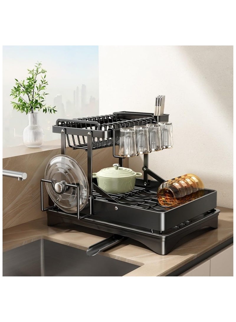 Anmi Large Dish Drying Rack for Kitchen Counter, Foldable Double Dish and Cutlery Storage Rack with Utensil Holder, 2-Tier Dish Drying Rack with Drain Board, Black - Image 3