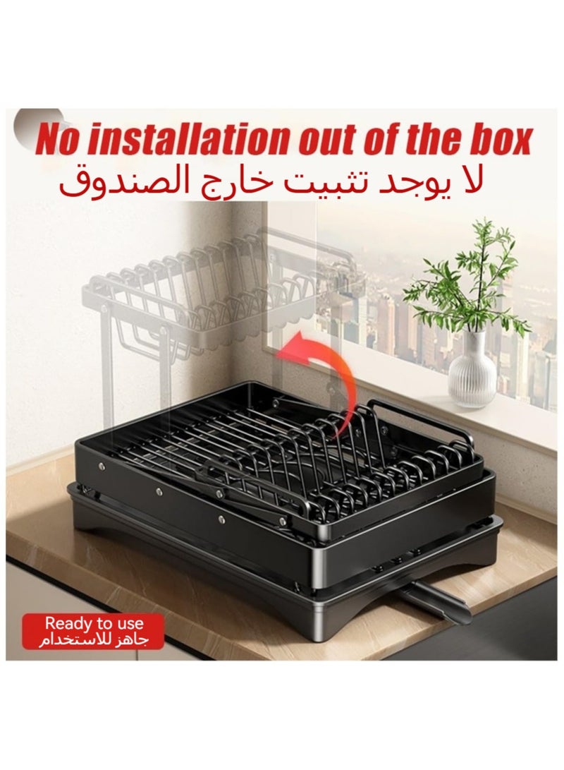 Anmi Large Dish Drying Rack for Kitchen Counter, Foldable Double Dish and Cutlery Storage Rack with Utensil Holder, 2-Tier Dish Drying Rack with Drain Board, Black - Image 4