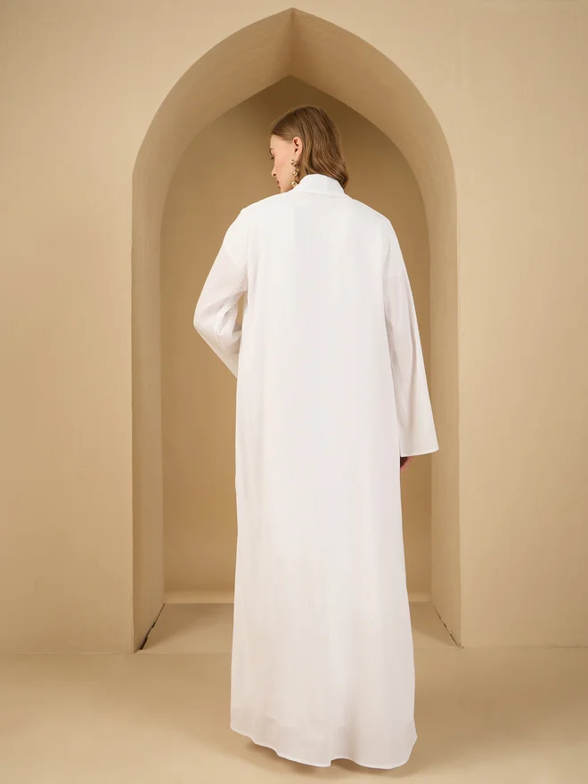 Styli Amirah Embellished Detail Textured Abaya with Satin Inner Dress and Scarf Set