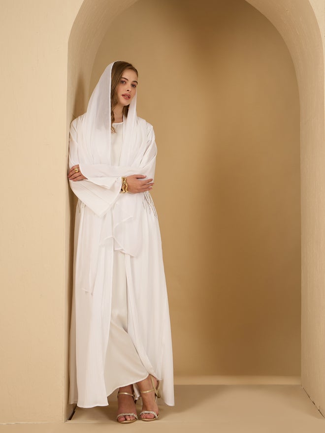 Styli Amirah Embellished Detail Textured Abaya with Satin Inner Dress and Scarf Set  - Image 1