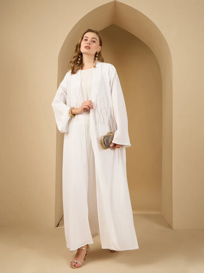 Styli Amirah Embellished Detail Textured Abaya with Satin Inner Dress and Scarf Set