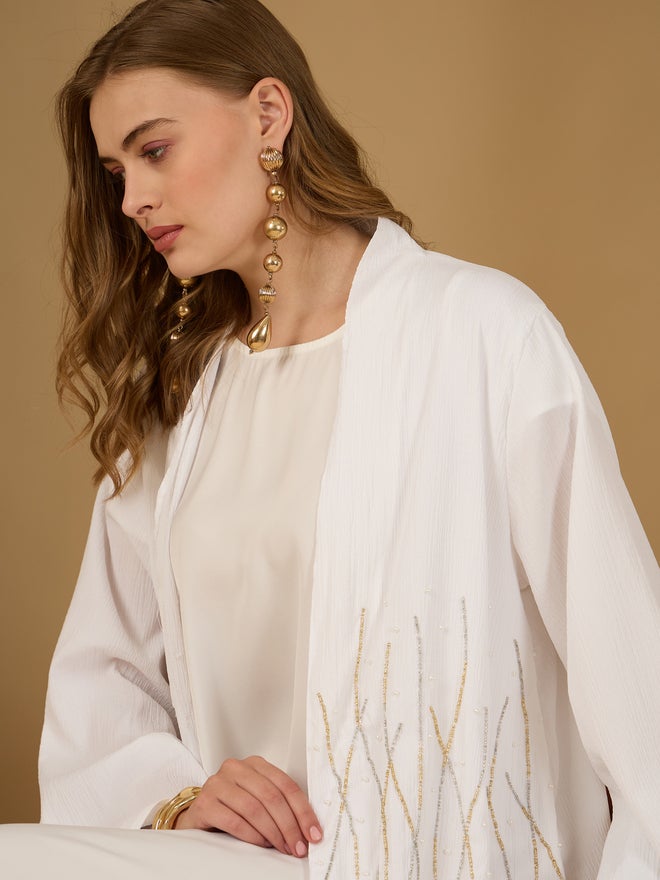 Styli Amirah Embellished Detail Textured Abaya with Satin Inner Dress and Scarf Set  - Image 5