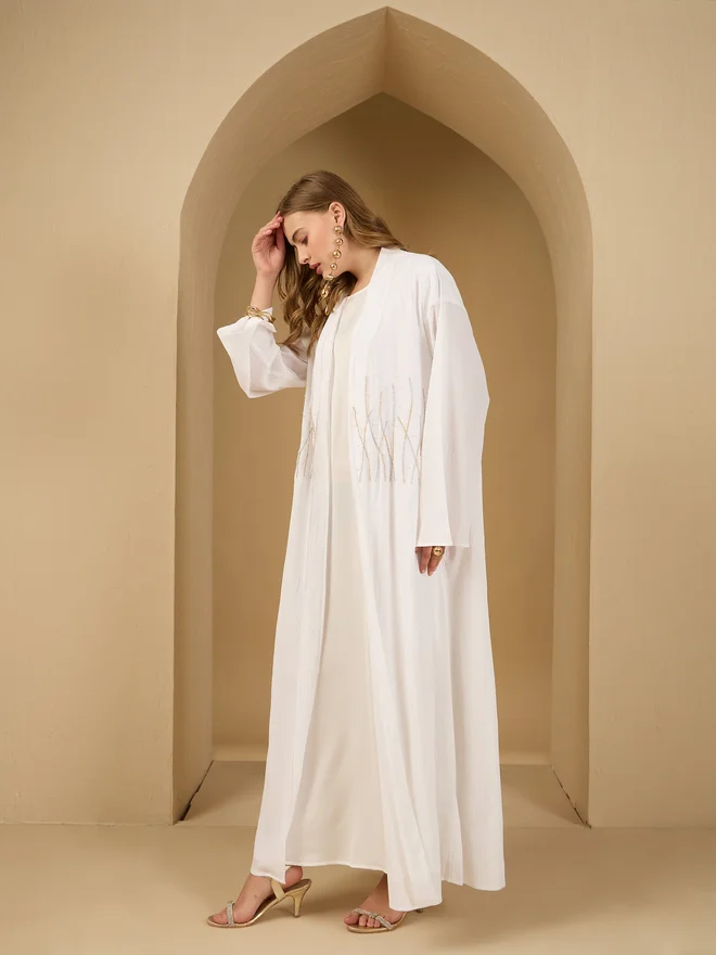 Styli Amirah Embellished Detail Textured Abaya with Satin Inner Dress and Scarf Set