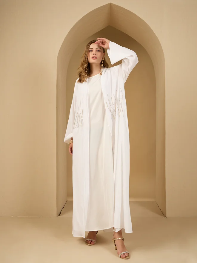 Styli Amirah Embellished Detail Textured Abaya with Satin Inner Dress and Scarf Set