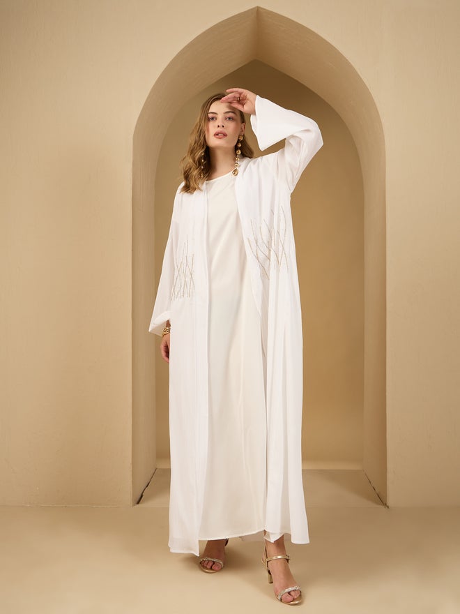 Styli Amirah Embellished Detail Textured Abaya with Satin Inner Dress and Scarf Set  - Image 3