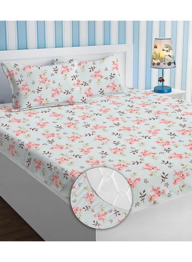 BSB HOME Premium Cotton All Round Elastic Fitted Bedsheets For Double Bed With 2 King Size Pillow Covers 220 Tc Supersoft|Wrinkel Free Bed Cover Size-72 X 78 +10 Inches|Pink Flower & Aqua| TC - 220 - Image 1