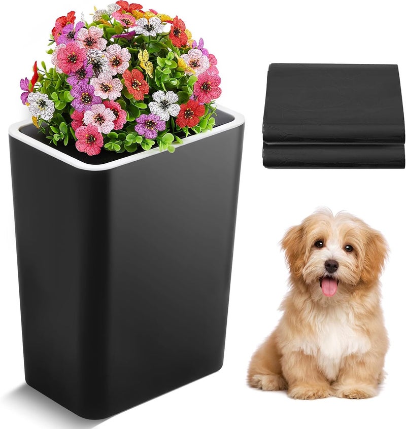 Jingmore Dog Poop Trash Can Outside 3.96 Gal/15 L Plant Styled Dog Waste Trash Can with Lid 50 Pcs Plastic Waste Bags Outdoor Indoor Poop Container Slim Garbage Bin for Yard Garden Pet (Flower Black) - Image 1