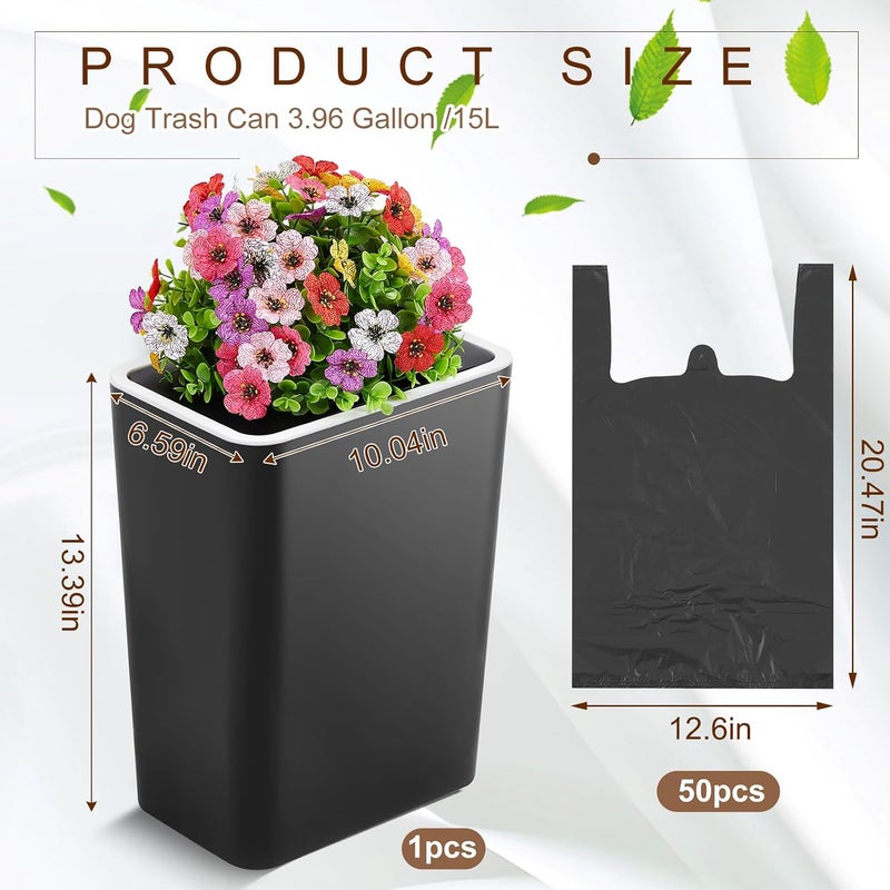 Jingmore Dog Poop Trash Can Outside 3.96 Gal/15 L Plant Styled Dog Waste Trash Can with Lid 50 Pcs Plastic Waste Bags Outdoor Indoor Poop Container Slim Garbage Bin for Yard Garden Pet (Flower Black) - Image 2