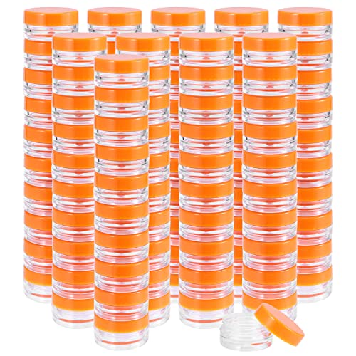 JOIKIT 200 Pack 3 Gram Jars with Orange Lid, 3ML Empty Clear Plastic Makeup Sample Containers, Cosmetic Sample Jar for Lotion, Cream, Eye Shadow, Lip Balms - Image 1
