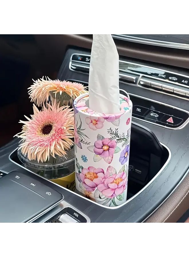Pink Floral Car Tissue Box Roll Cylindrical Design with Facial Tissues and Napkins - Image 2