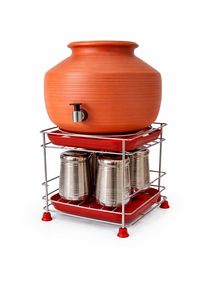 GLOCY Stainless Steel Water Pot Stand with Storage 2 Trays, Heavy Duty, Rust Proof, 25kg Capacity, Matka Stand,Kitchen Countertop Rack,Silver(20x20x26) - Image 1