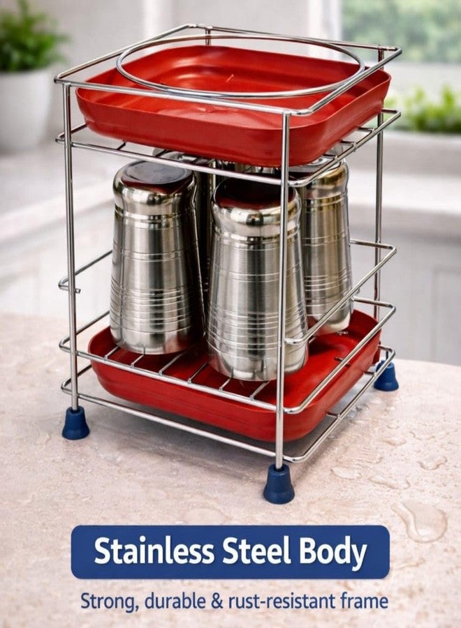 GLOCY Stainless Steel Water Pot Stand with Storage 2 Trays, Heavy Duty, Rust Proof, 25kg Capacity, Matka Stand,Kitchen Countertop Rack,Silver(20x20x26) - Image 4