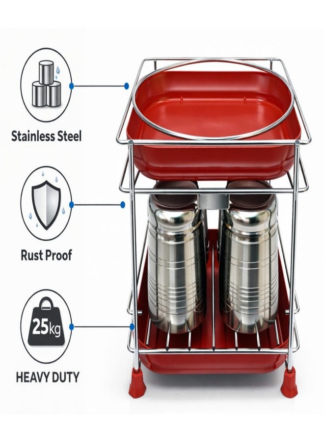 GLOCY Stainless Steel Water Pot Stand with Storage 2 Trays, Heavy Duty, Rust Proof, 25kg Capacity, Matka Stand,Kitchen Countertop Rack,Silver(20x20x26) - Image 3