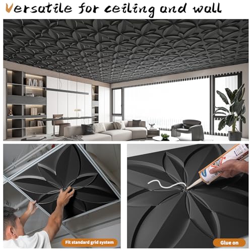 WOWSTAR 12-Pack 24"x24" Drop Ceiling Tiles, Waterproof Glue Up Ceiling Decor, Black - Image 2