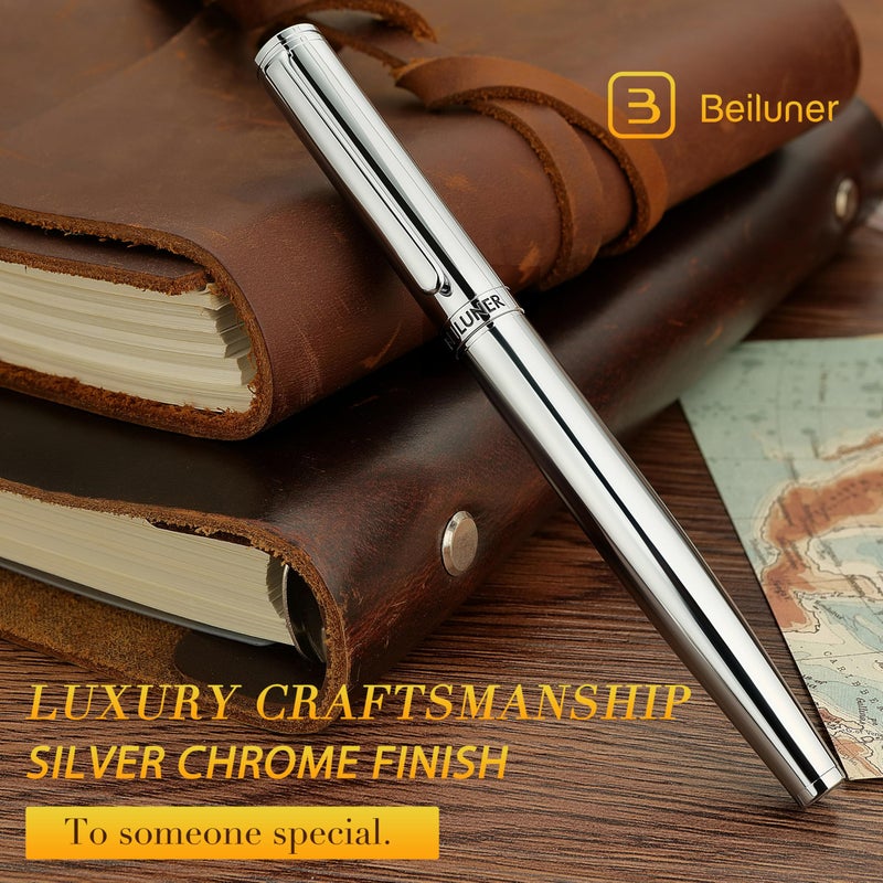 BEILUNER Silver Fountain Pen,Stunning Luxury Pens with Bright Silver Chrome, Gorgeous 24K Gilded Nib(Fine),Gift Pen Set for Men&Women -Ink Converter-Elegant, Professional, Nice Pen for Writing - Image 3