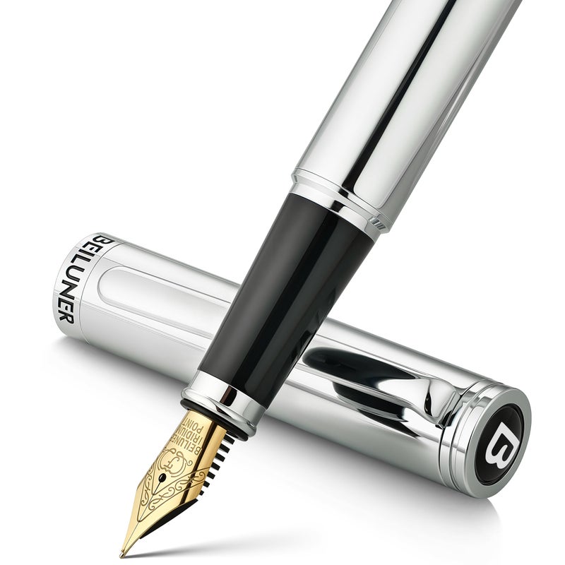 BEILUNER Silver Fountain Pen,Stunning Luxury Pens with Bright Silver Chrome, Gorgeous 24K Gilded Nib(Fine),Gift Pen Set for Men&Women -Ink Converter-Elegant, Professional, Nice Pen for Writing - Image 1