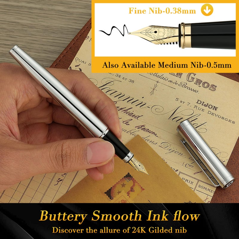 BEILUNER Silver Fountain Pen,Stunning Luxury Pens with Bright Silver Chrome, Gorgeous 24K Gilded Nib(Fine),Gift Pen Set for Men&Women -Ink Converter-Elegant, Professional, Nice Pen for Writing - Image 4