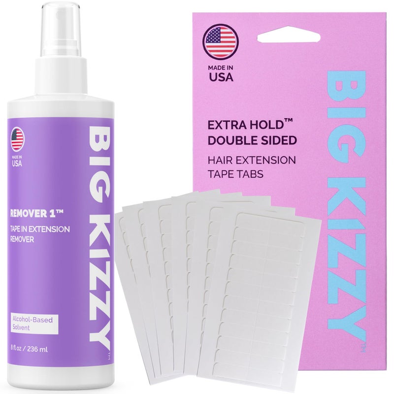 Big Kizzy Tape in Extension Remover Spray (8oz) + Double Sided EXTRA Hold Hair Extension Tape (72 Tabs) - Image 1