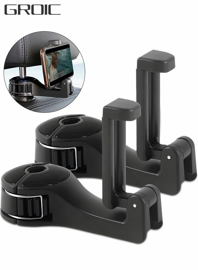 GROIC 2 PCS Universal in 1 Car Seat Hooks for Purses and Bags with Phone Holder, Automobile Headrest Handbag Holder Hangers Organizers, Multifunctional Hanger Black - Image 1