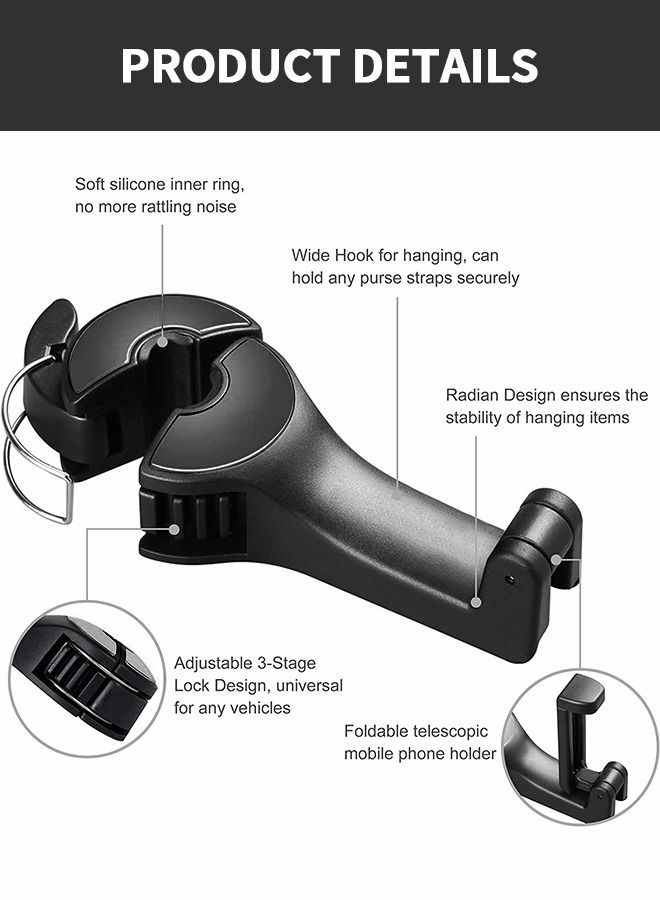 GROIC 2 PCS Universal in 1 Car Seat Hooks for Purses and Bags with Phone Holder, Automobile Headrest Handbag Holder Hangers Organizers, Multifunctional Hanger Black - Image 2