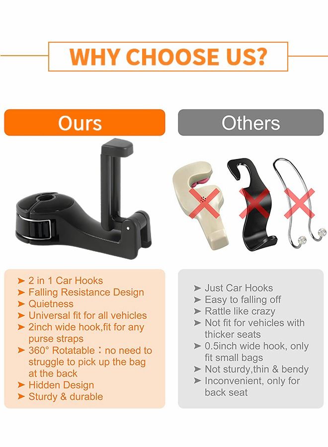 GROIC 2 PCS Universal in 1 Car Seat Hooks for Purses and Bags with Phone Holder, Automobile Headrest Handbag Holder Hangers Organizers, Multifunctional Hanger Black - Image 3