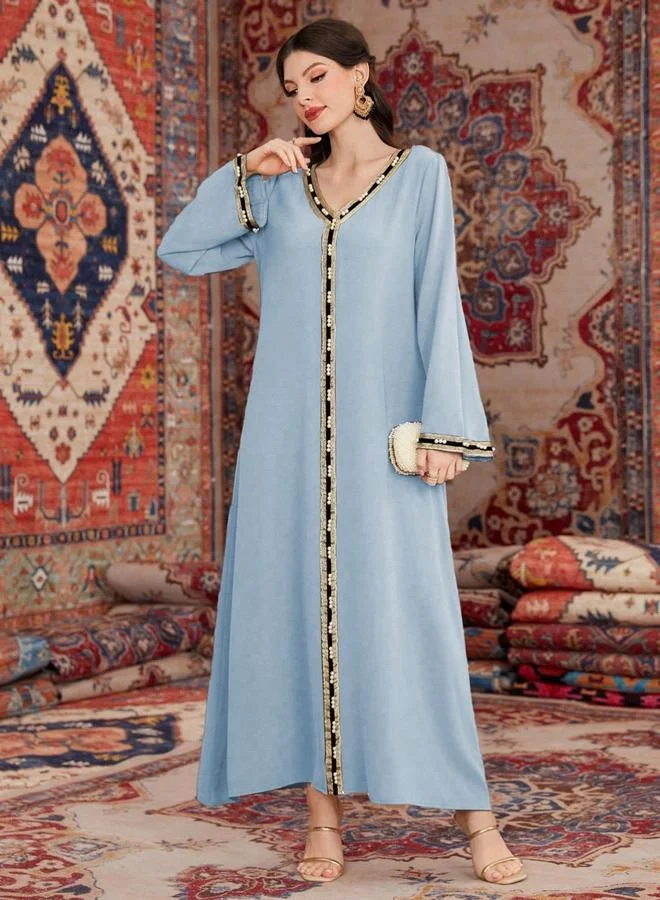 تايك تو جلابية نسائية بياقة على شكل حرف  مزينة باللؤلؤ الصناعي