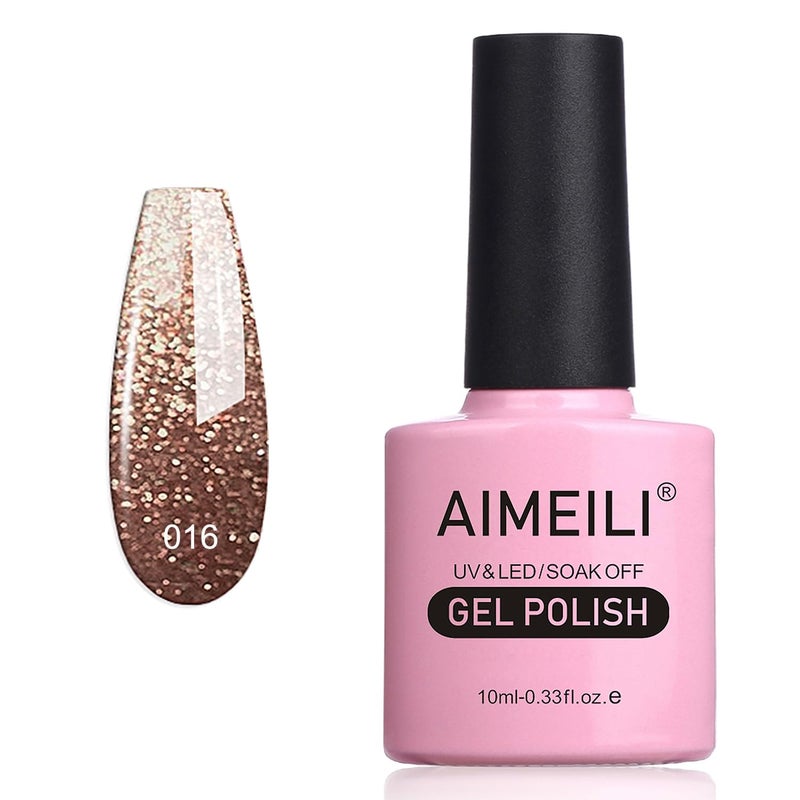 AIMEILI Soak Off U V LED Gel Nail Polish Tinsel Toast Gold Diamond 016 10ml - Image 3