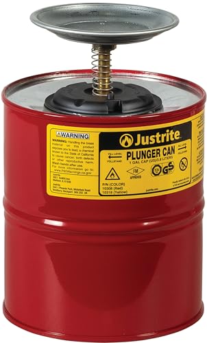 Justrite Plunger Can for Solvents, 1 Gallon Capacity, 10.5" x 7.25" Steel Push-Down Solvent Dispenser Can, Made in The USA Industrial Mechanic Tools, Red, 10308 - Image 1
