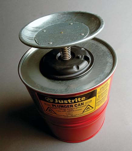 Justrite Plunger Can for Solvents, 1 Gallon Capacity, 10.5" x 7.25" Steel Push-Down Solvent Dispenser Can, Made in The USA Industrial Mechanic Tools, Red, 10308 - Image 4