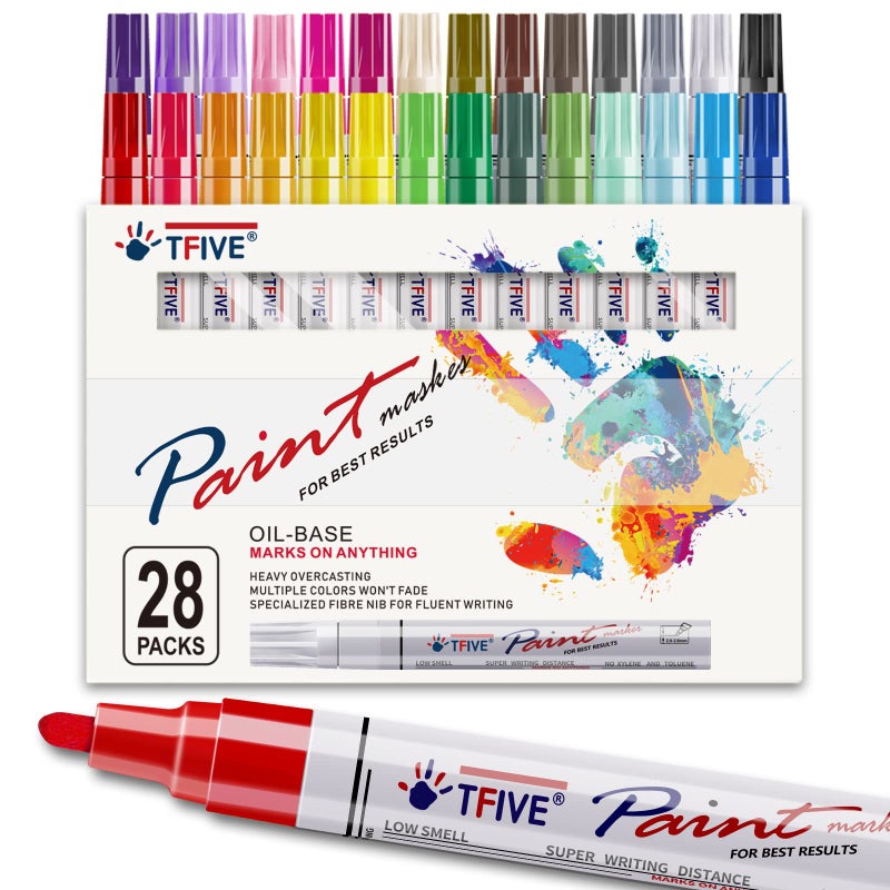 TFIVE Paint Markers Pens Set 28 Color OilBased Permanent Paint Marker Medium Tip Quick Dry and Waterproof Pen for Rock Painting Ceramic Wood Fabric Plastic Canvas Glass Mugs
