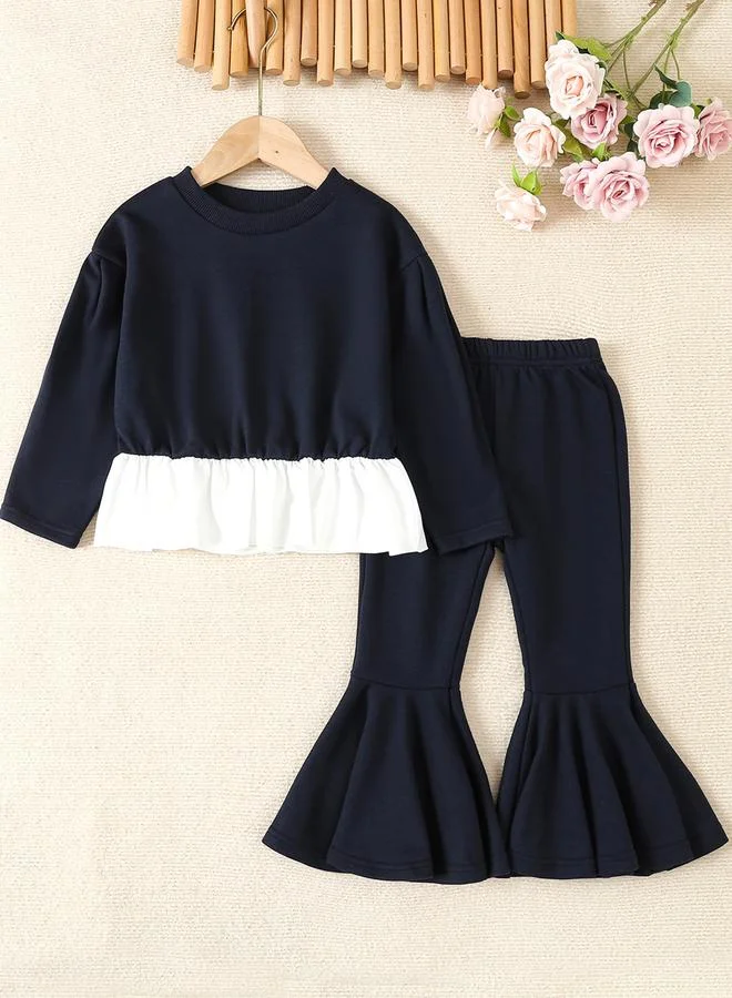 Take Two Girls Solid Ruffle Hem Sweatshirt with Flare Pants Set