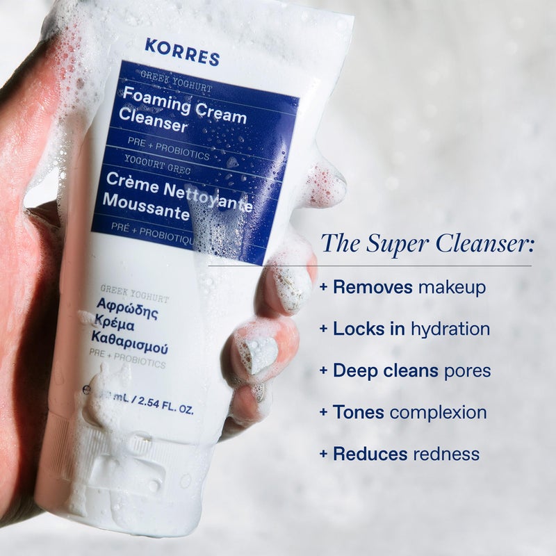 KORRES Greek Yoghurt Foaming Cream Cleanser, Hydrating, Deep Cleansing Skin Care, Makeup Remover, Face Wash for Women, Cream to Foam Facial Cleanser for Dry, Oily, Sensitive, Any Skin Type, 2.5 fl oz - Image 2