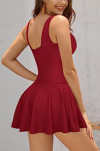 SHEKINI بيكيني نسائي بفتحة V قطعة واحدة تنورة ملابس السباحة مزينة بتصميم ريترو (XX-Large، أحمر نبيذ) - Image 4