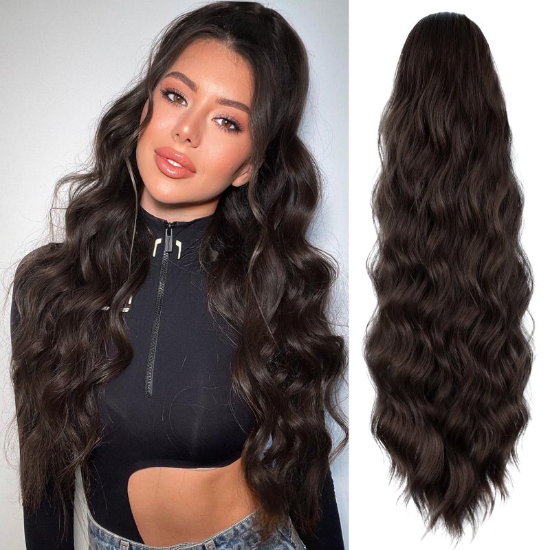 FREEMEIGE Ponytail Extension 26 Inch Long Wavy Drawstring Ponytail for Women Dark Brown Pony Tail Hair Extension Synthetic Ponytail Hairpiece for Daily Use