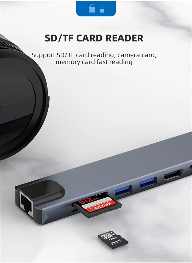 Zero - ZERO 8IN1 TYPE-C Adapter with HDMI RJ45 USB PD TF SD – Sleek Design & 4K Support –Gray - Image 1