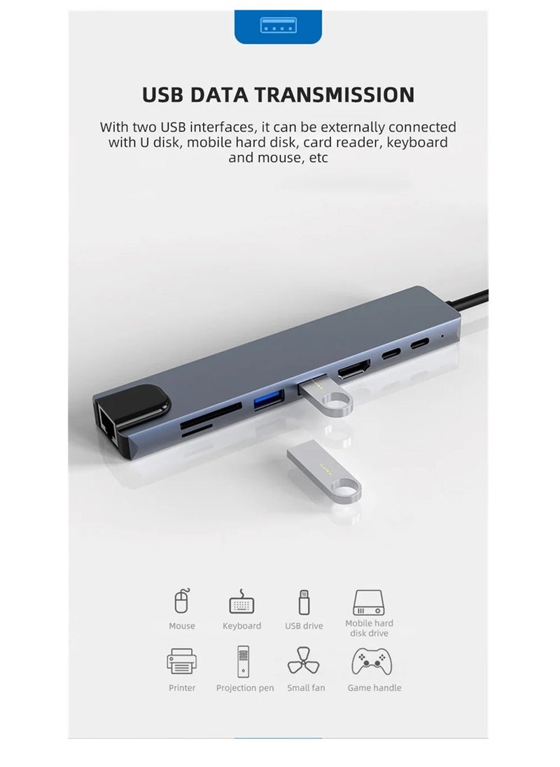 Zero - ZERO 8IN1 TYPE-C Adapter with HDMI RJ45 USB PD TF SD – Sleek Design & 4K Support –Gray - Image 1