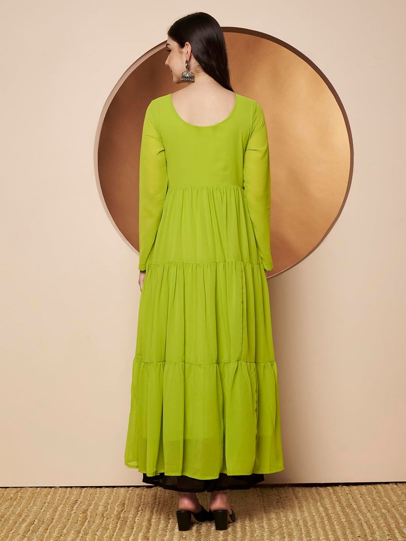 KZA Women Round Neck Georgette Anarkali Kurta, Full Sleeve, Tiered Design, Hand Embroidered Front Yoke, Ankle Length (Lime Green, 2XL) - Image 4