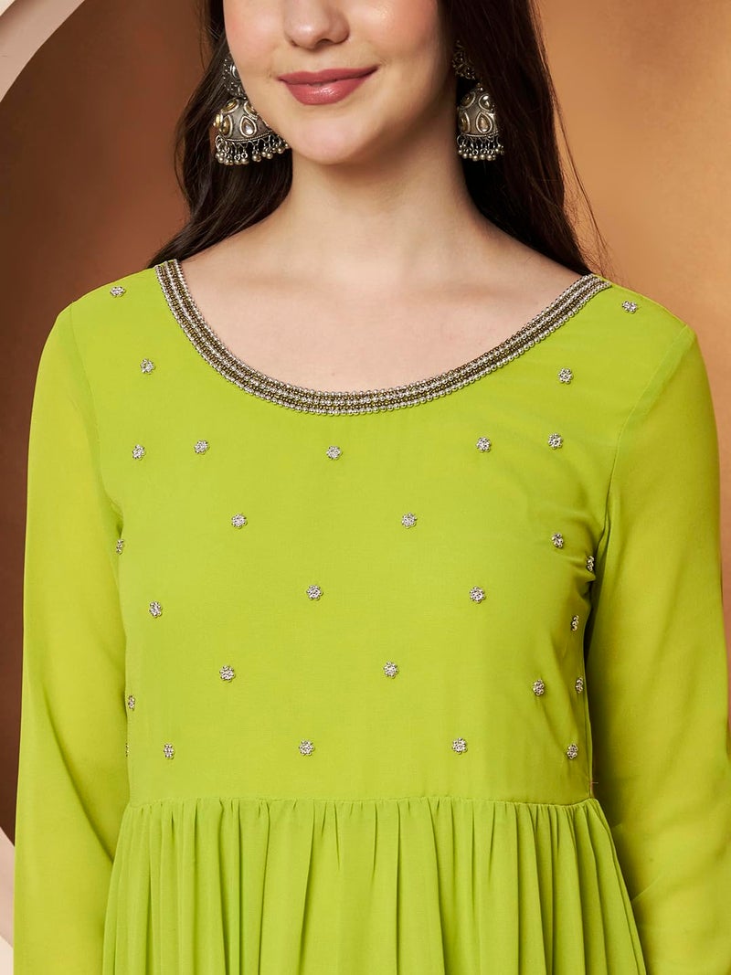 KZA Women Round Neck Georgette Anarkali Kurta, Full Sleeve, Tiered Design, Hand Embroidered Front Yoke, Ankle Length (Lime Green, 2XL) - Image 5