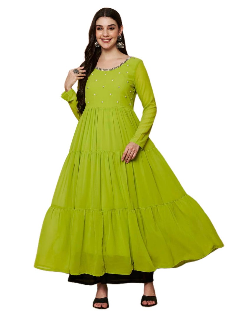 KZA Women Round Neck Georgette Anarkali Kurta, Full Sleeve, Tiered Design, Hand Embroidered Front Yoke, Ankle Length (Lime Green, 2XL) - Image 1