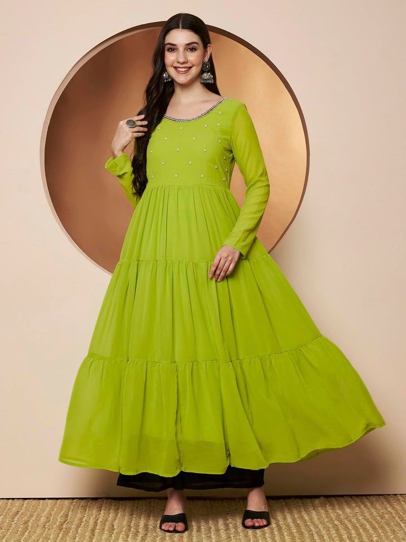 KZA Women Round Neck Georgette Anarkali Kurta, Full Sleeve, Tiered Design, Hand Embroidered Front Yoke, Ankle Length (Lime Green, 2XL) - Image 2
