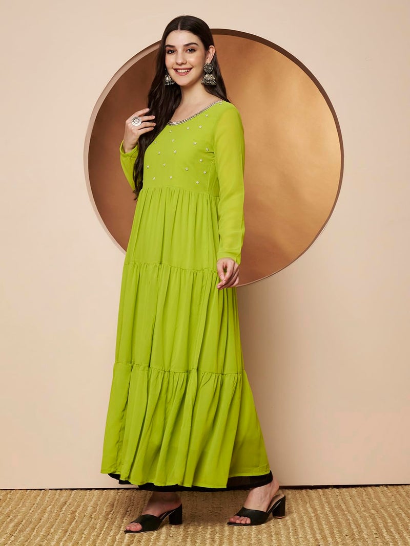 KZA Women Round Neck Georgette Anarkali Kurta, Full Sleeve, Tiered Design, Hand Embroidered Front Yoke, Ankle Length (Lime Green, 2XL) - Image 3